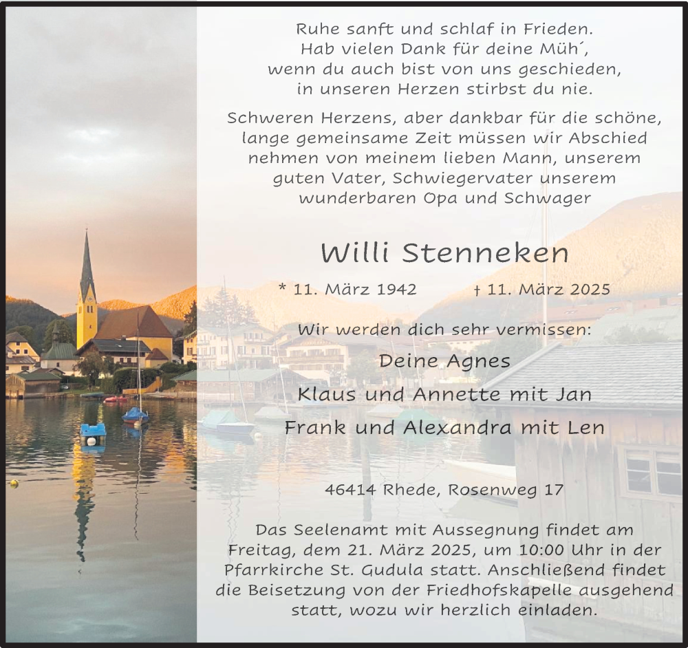  Traueranzeige für Willi Stenneken vom 15.03.2025 aus 