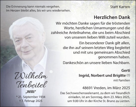 Traueranzeige von Willi Tenbeitel von Münsterland Zeitung