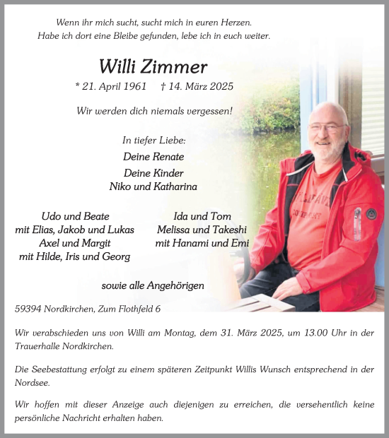 Traueranzeige von Willi Zimmer von Ruhr Nachrichten