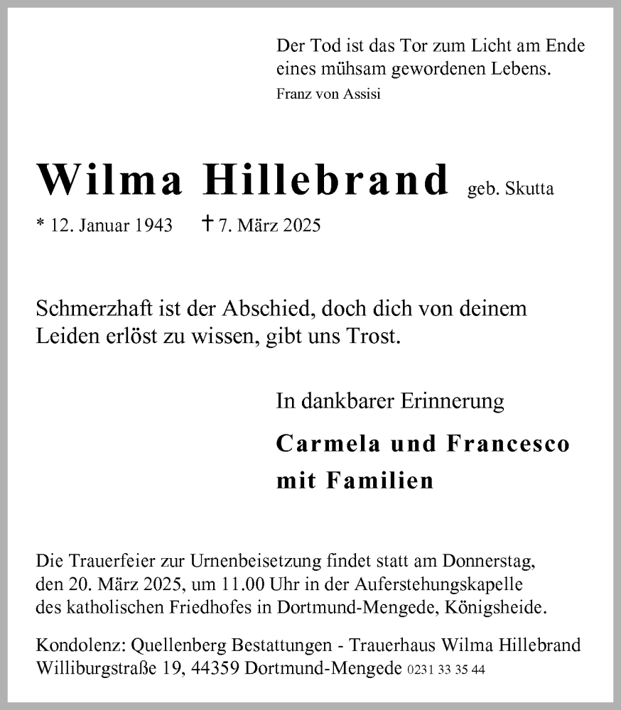  Traueranzeige für Wilma Hillebrand vom 15.03.2025 aus Ruhr Nachrichten