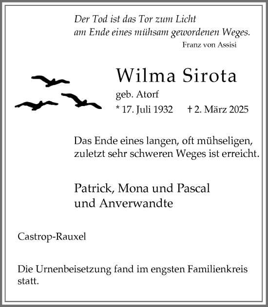 Traueranzeige von Wilma Sirota von Stadtanzeiger Castrop-Rauxel