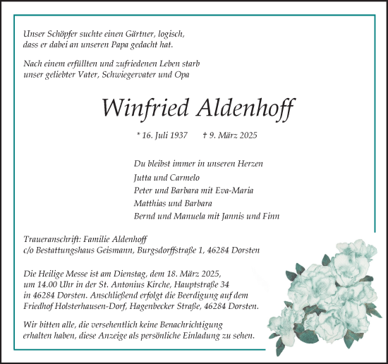 Traueranzeige von Winfried Aldenhoff von Ruhr Nachrichten und Dorstener Zeitung