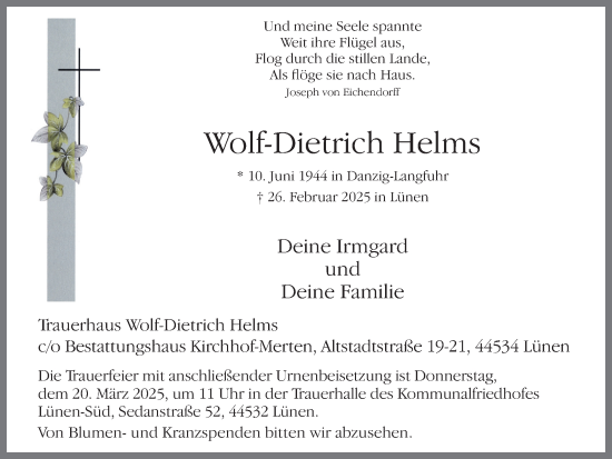 Traueranzeige von Wolf-Dietrich Helms von Ruhr Nachrichten