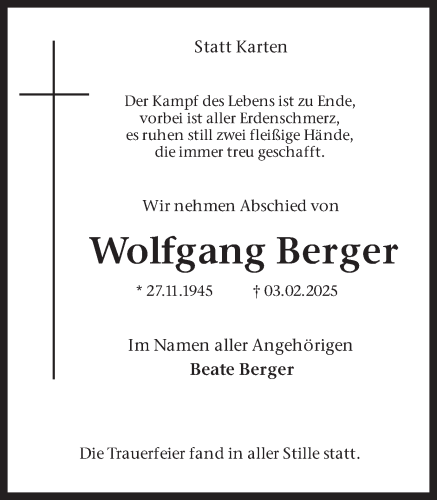  Traueranzeige für Wolfgang Berger vom 01.03.2025 aus Ruhr Nachrichten