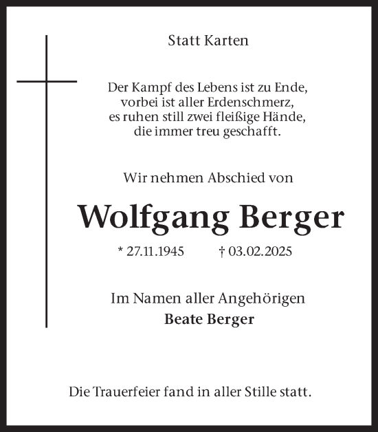Traueranzeige von Wolfgang Berger von Ruhr Nachrichten