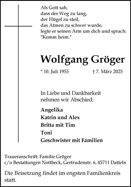 Traueranzeige von Wolfgang Gröger von Trauer Vest