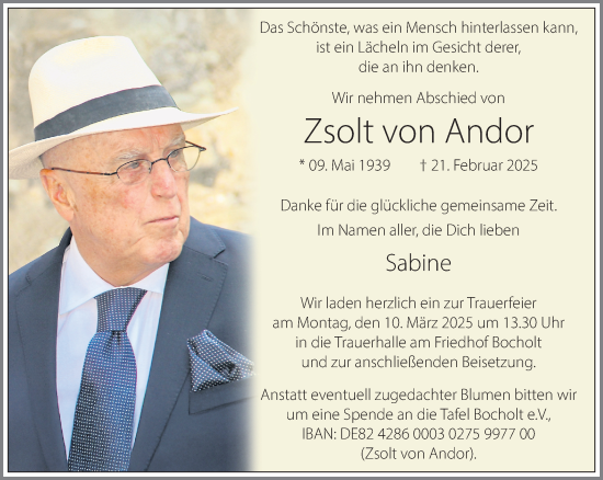 Traueranzeige von Zsolt von Andor 