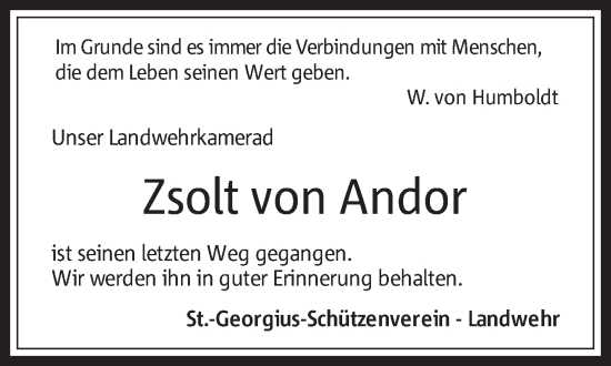 Traueranzeige von Zsolt von Andor 
