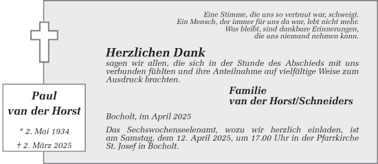 Traueranzeige von Paul van der Horst von Bocholter Borkener Volksblatt 