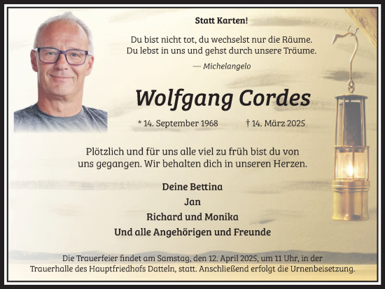 Traueranzeige von Wolfgang Cordes von Medienhaus Bauer