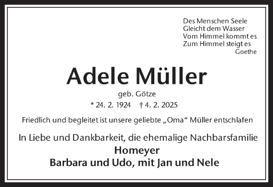 Traueranzeige von Adele Müller von Trauer Vest