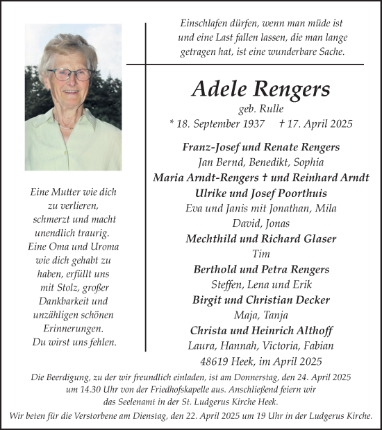Traueranzeige von Adele Rengers von Münsterland Zeitung