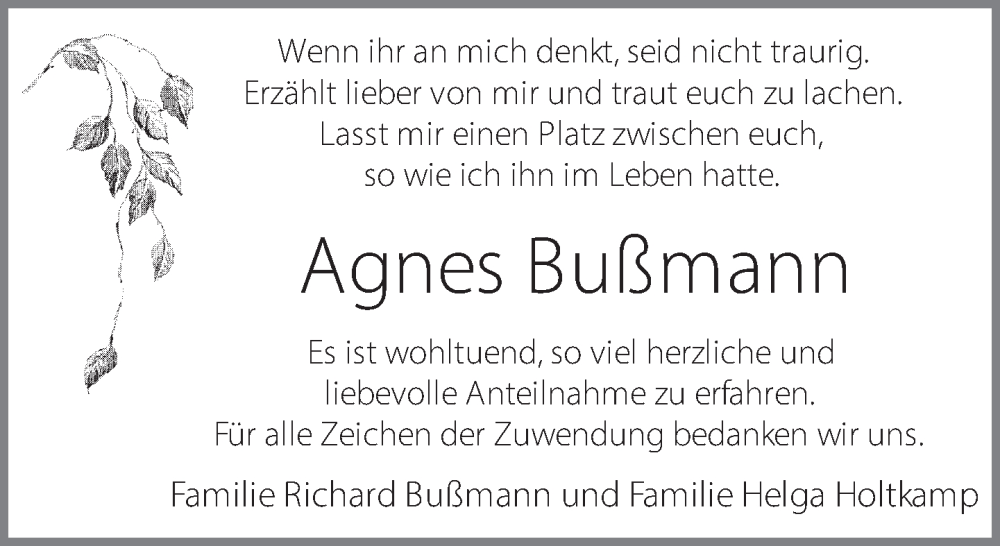  Traueranzeige für Agnes Bußmann vom 09.04.2025 aus 