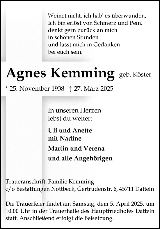 Traueranzeige von Agnes Kemming von Trauer Vest