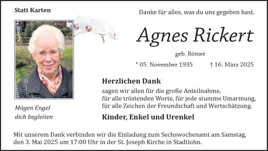 Traueranzeige von Agnes Rickert von Münsterland Zeitung