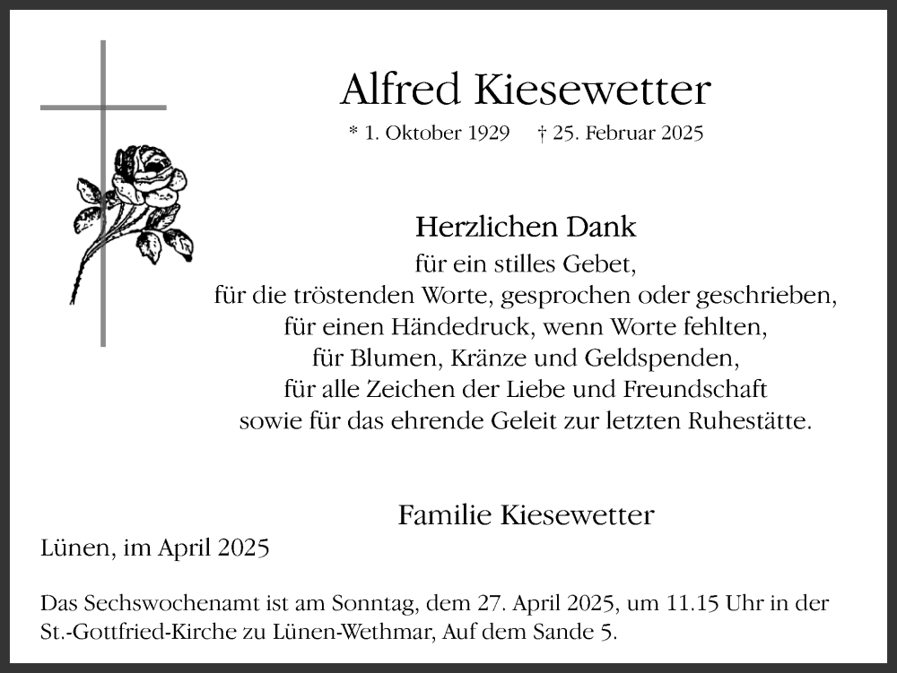  Traueranzeige für Alfred Kiesewetter vom 26.04.2025 aus Lüner Anzeiger