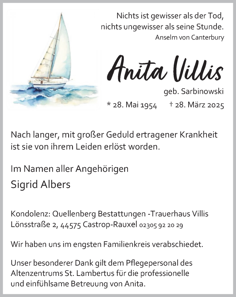  Traueranzeige für Anita Villis vom 05.04.2025 aus Stadtanzeiger Castrop-Rauxel