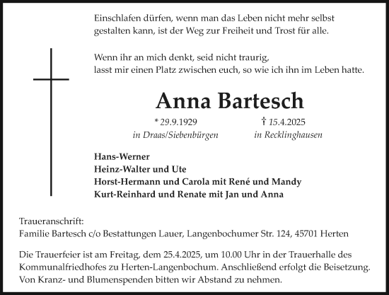 Traueranzeige von Anna Bartesch von Trauer Vest