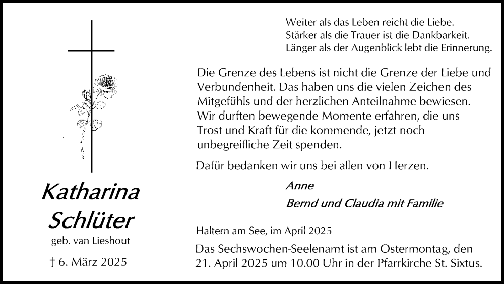  Traueranzeige für Anne Schlüter vom 12.04.2025 aus Ruhr Nachrichten und Halterner Zeitung