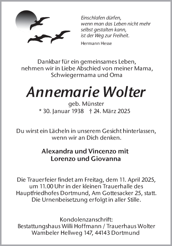 Traueranzeige von Annemarie Wolter von Ruhr Nachrichten