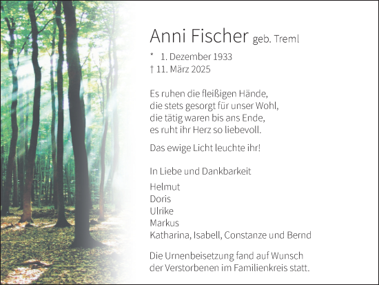 Traueranzeige von Anni Fischer von Ruhr Nachrichten und Dorstener Zeitung