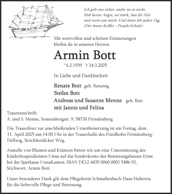 Traueranzeige von Armin Bott von Hellweger Anzeiger