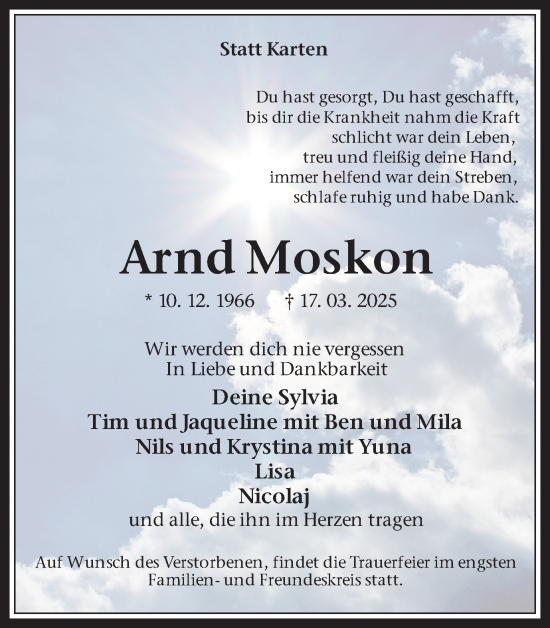 Traueranzeige von Arnd Moskon von Trauer Vest