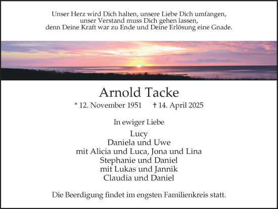 Traueranzeige von Arnold Tacke von Ruhr Nachrichten und Dorstener Zeitung