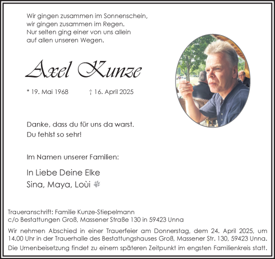 Traueranzeige von Axel Kunze von Hellweger Anzeiger