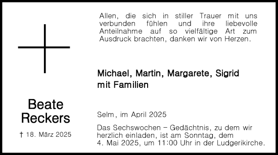 Traueranzeige von Beate Reckers von Ruhr Nachrichten