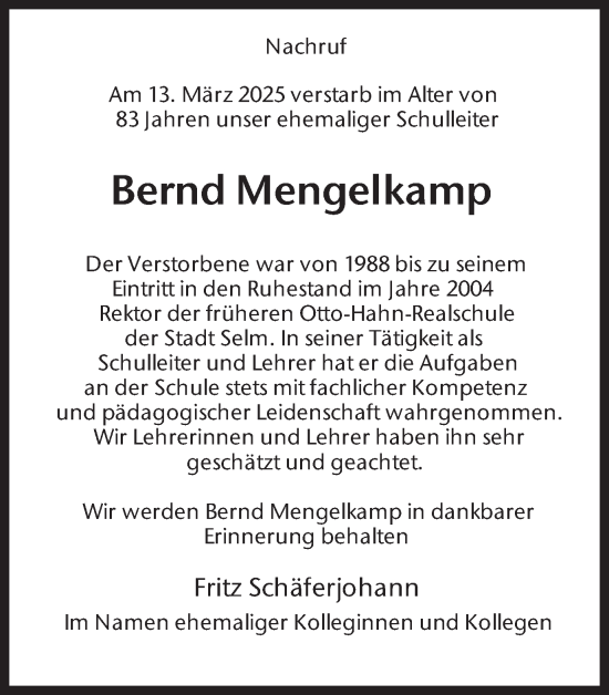 Traueranzeige von Bernd Mengelkamp von Ruhr Nachrichten