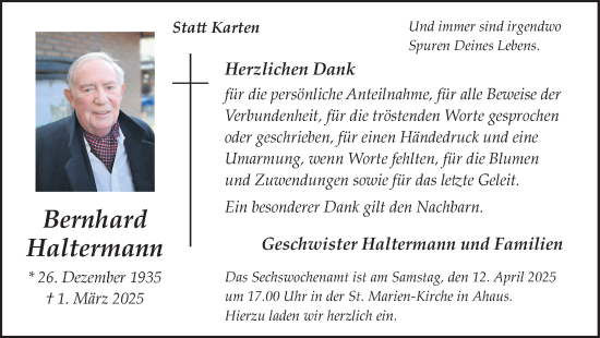 Traueranzeige von Bernhard Haltermann von Münsterland Zeitung
