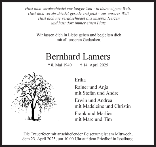 Traueranzeige von Bernhard Lamers 