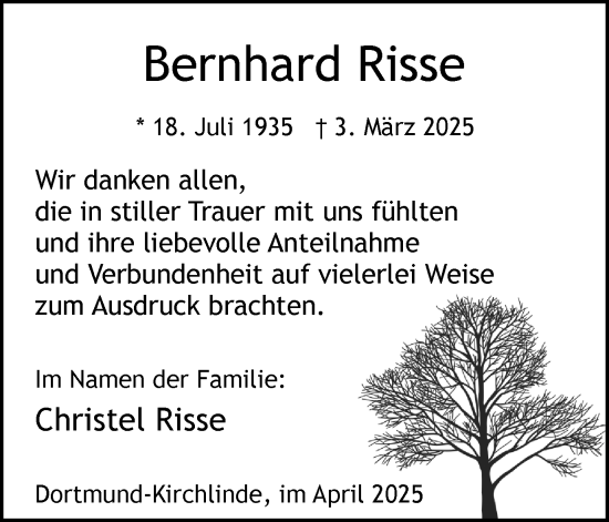 Traueranzeige von Bernhard Risse von Ruhr Nachrichten