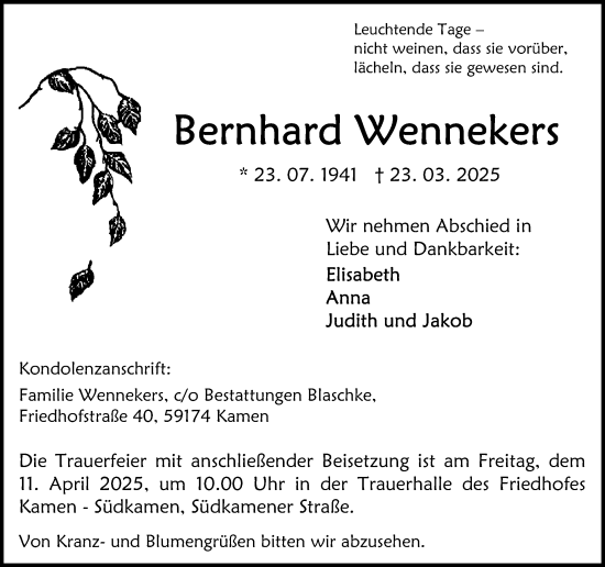 Traueranzeige von Bernhard Wennekers von Hellweger Anzeiger