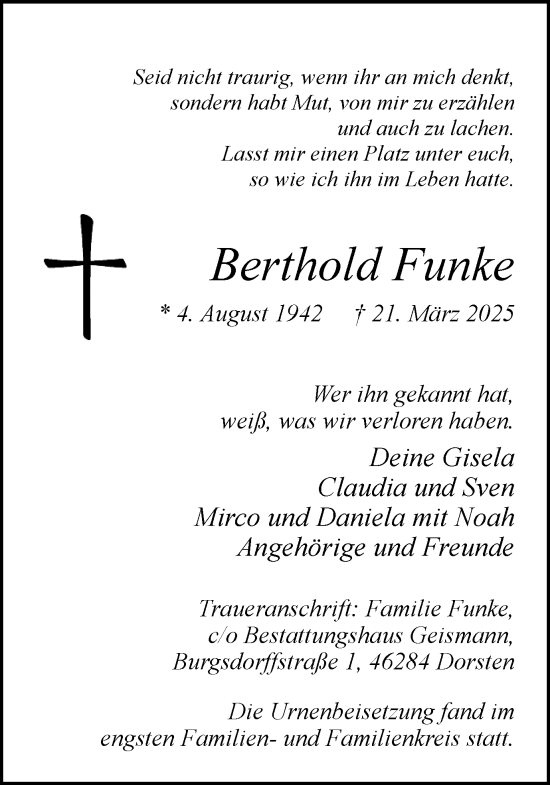 Traueranzeige von Berthold Funke von Ruhr Nachrichten und Dorstener Zeitung