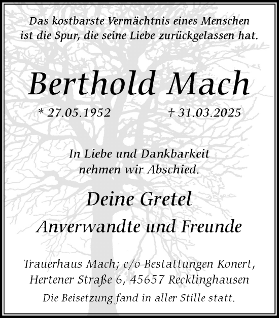 Traueranzeige von Berthold Mach von Trauer Vest