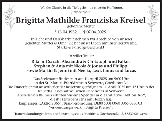 Traueranzeige von Brigitta Mathilde Franziska Kreisel von Ruhr Nachrichten