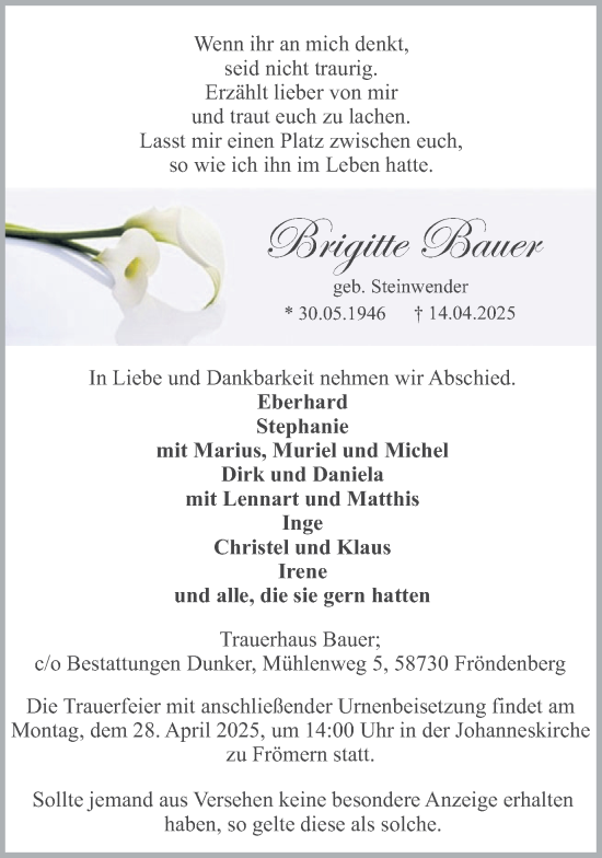 Traueranzeige von Brigitte Bauer von Hellweger Anzeiger