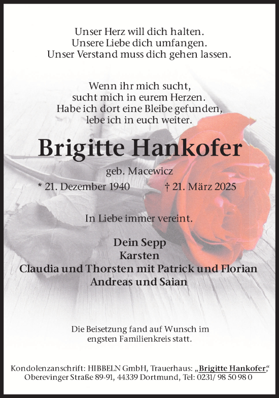 Traueranzeige von Brigitte Hankofer von Ruhr Nachrichten