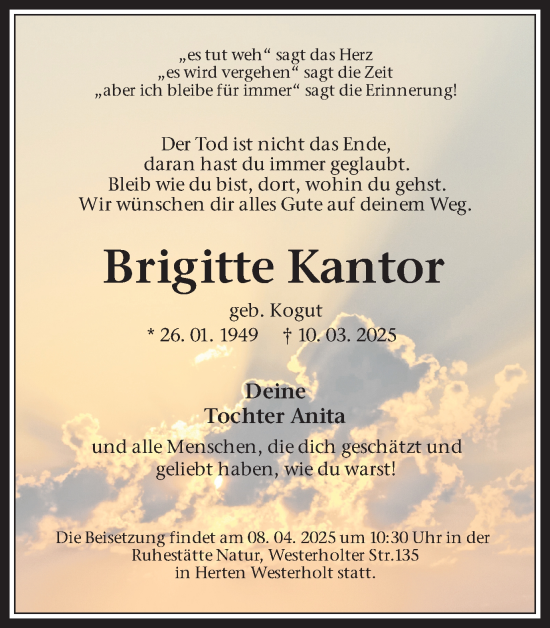 Traueranzeige von Brigitte Kantor von Trauer Vest