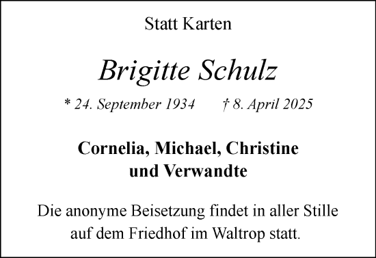 Traueranzeige von Brigitte Schulz von Trauer Vest