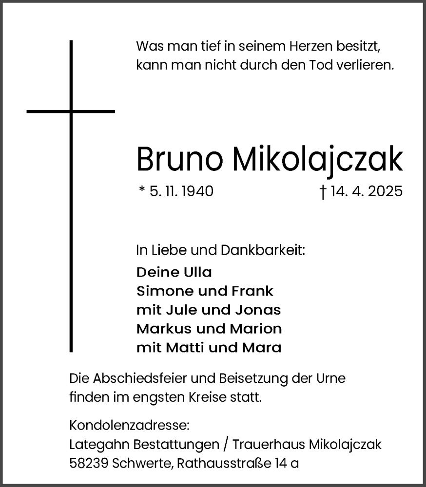  Traueranzeige für Bruno Mikolajczak vom 26.04.2025 aus Ruhr Nachrichten