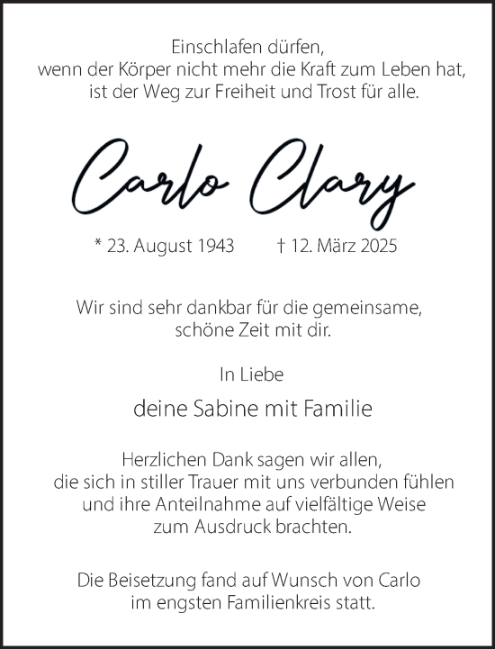 Traueranzeige von Carlo Clary 