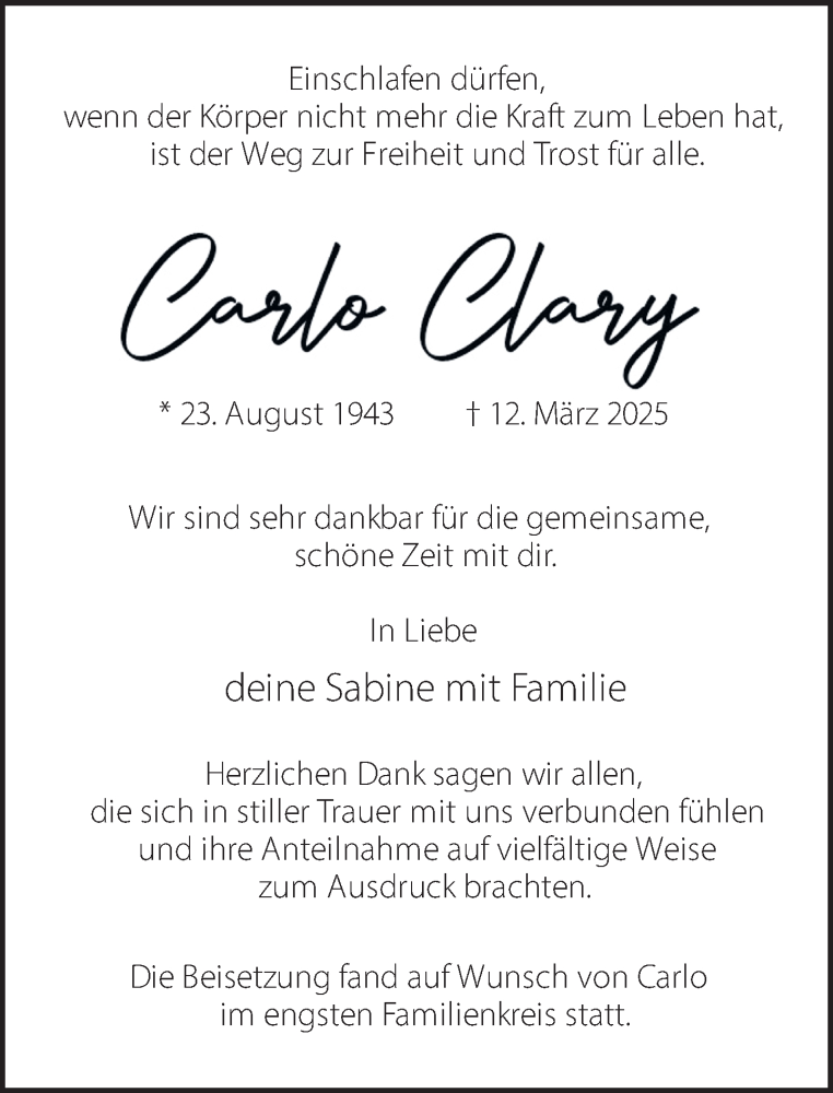  Traueranzeige für Carlo Clary vom 05.04.2025 aus 