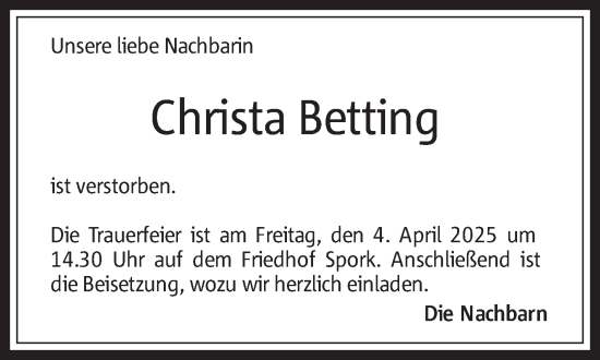 Traueranzeige von Christa Betting 