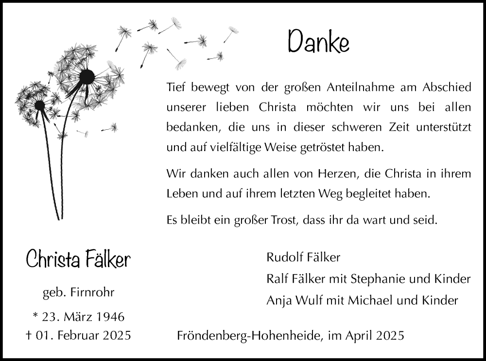  Traueranzeige für Christa Fälker vom 05.04.2025 aus Hellweger Anzeiger