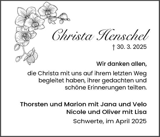 Traueranzeige von Christa Henschel von Ruhr Nachrichten
