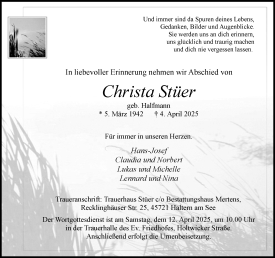 Traueranzeige von Christa Stüer von Ruhr Nachrichten und Halterner Zeitung