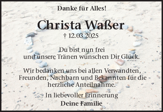 Traueranzeige von Christa Wasser von Trauer Vest